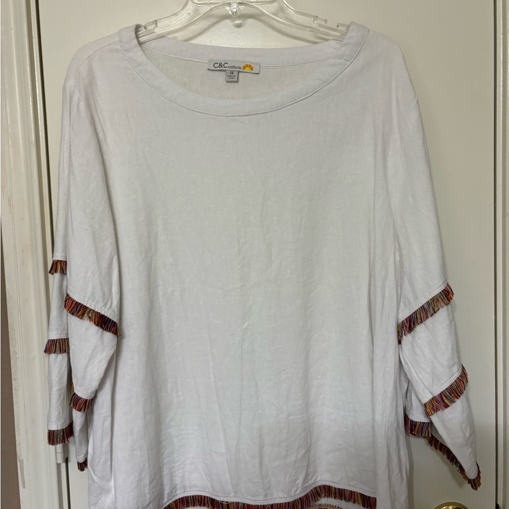 C&C California White Blouse with Colorful Fringe